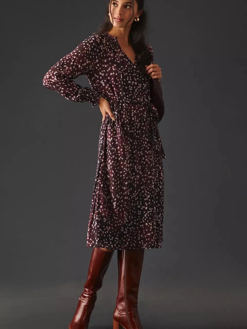Cloth & Stone Anthroplogie Tie Waist Midi Dress Wine Print Long Sleeve XS, New